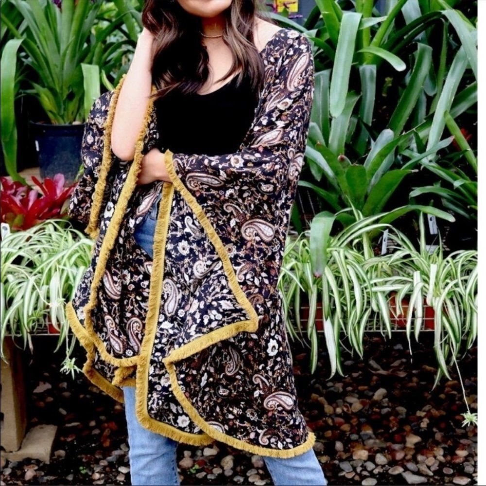 Panache Accessories Dixie Kimono Black Paisley Mustard Fringe One Size